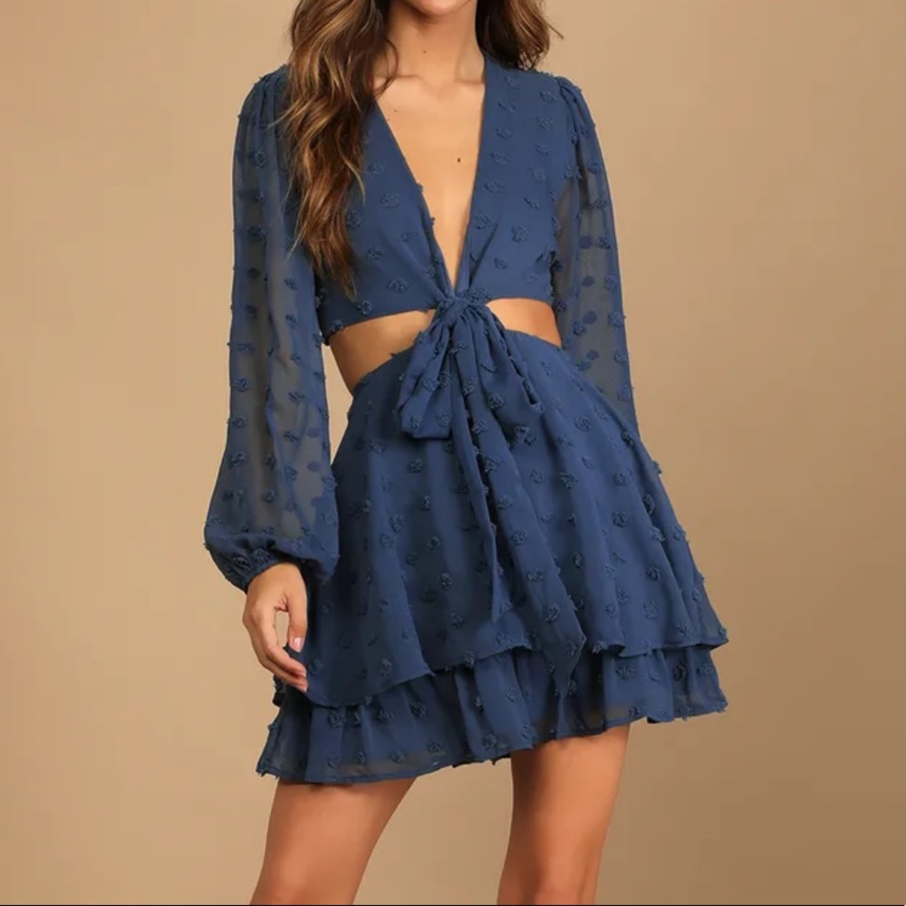 Desire Amour Navy Blue Swiss Dot Cutout Mini Skater Dress